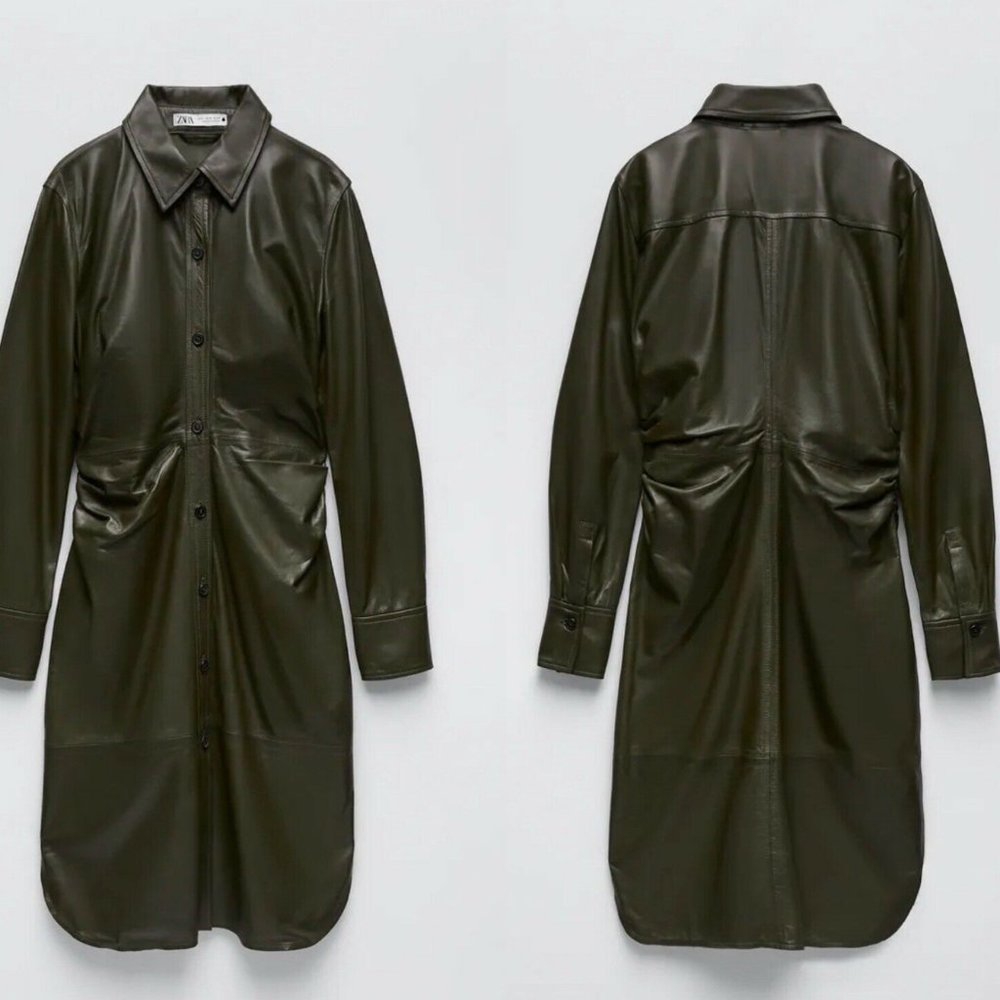 ZARA REAL LEATHER KHAKI DRESS, Large